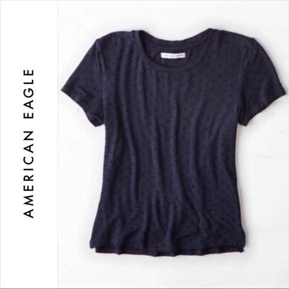 American Eagle AE Navy Blue Black Polka Dot Cropped Tee T Shirt Crop Top Slit - Picture 5 of 5